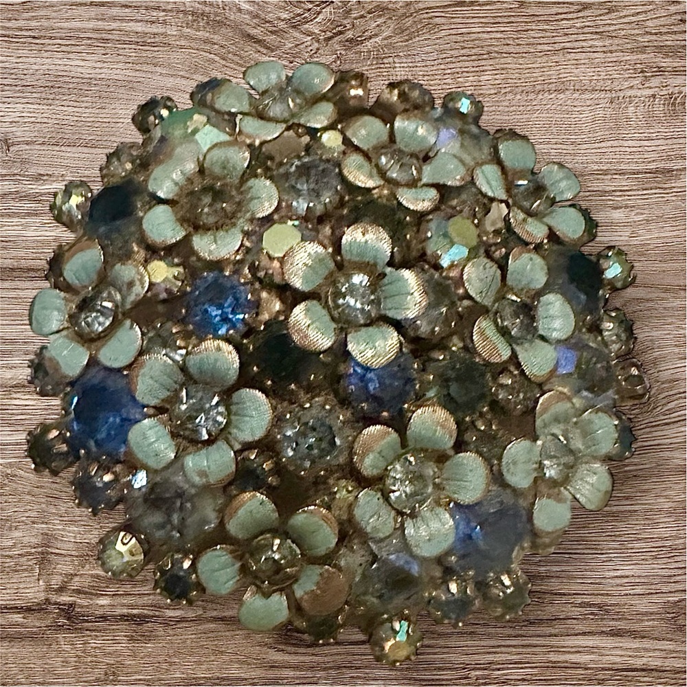 Vintage WEISS Blue Rhinestone Enamel Flower signed brooch